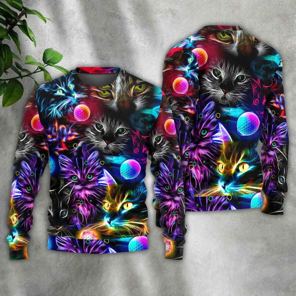 Golf Playing Cat Neon Lightning Art – Sweater - Ugly Christmas Sweater