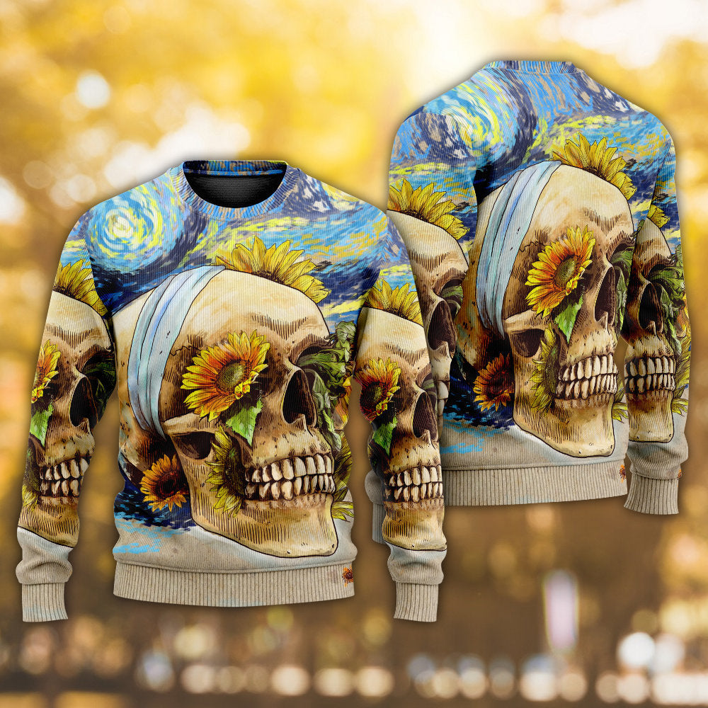 Skull And Sunflower Vintage Starry Night Art – Sweater - Ugly Christmas Sweater