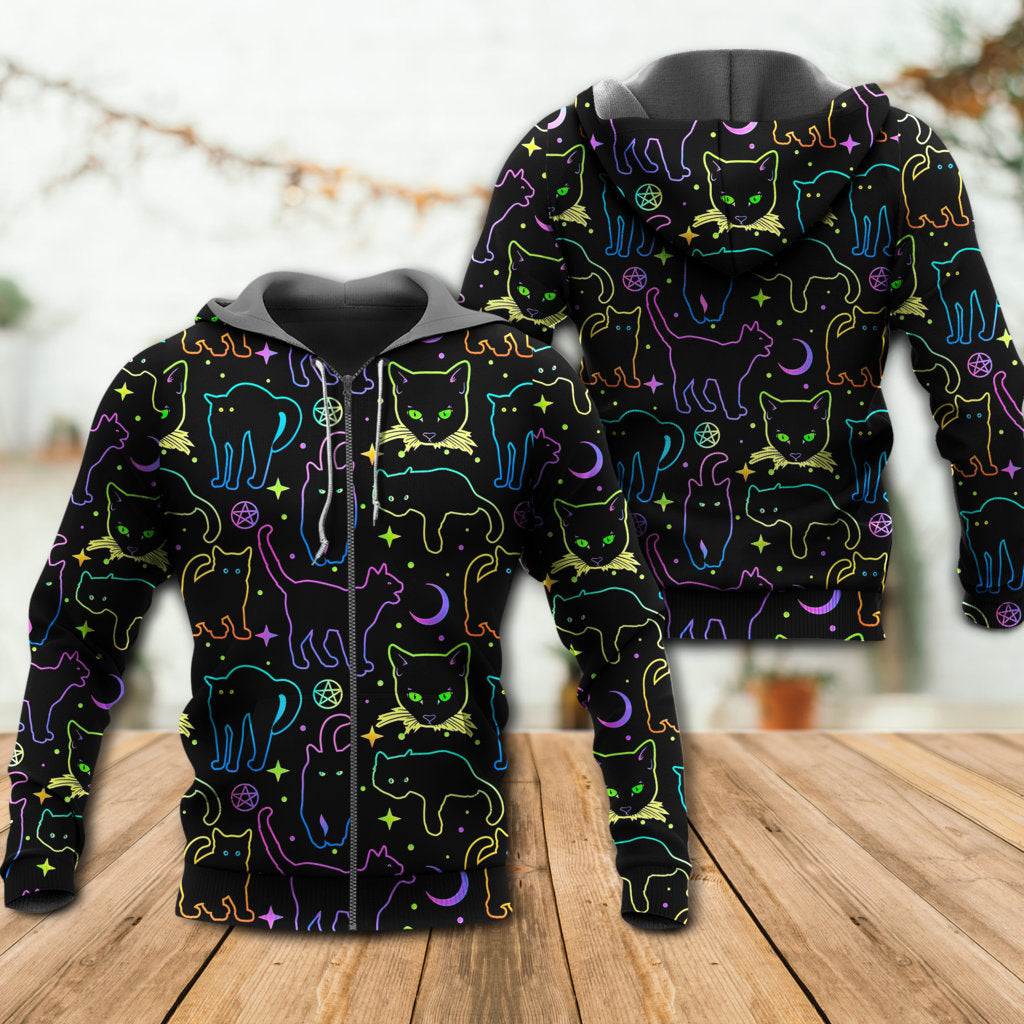 Neon Colorful Cat Playing Kitten Art – 3D Hoodie