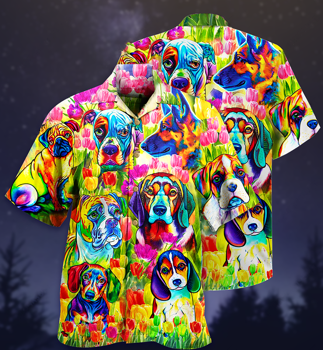 Colorful Dogs With Tulips - Hawaiian Shirt
