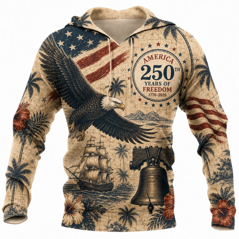 America 250th Anniversary Hoodie- Antique Map Eagle Tall Ship Print