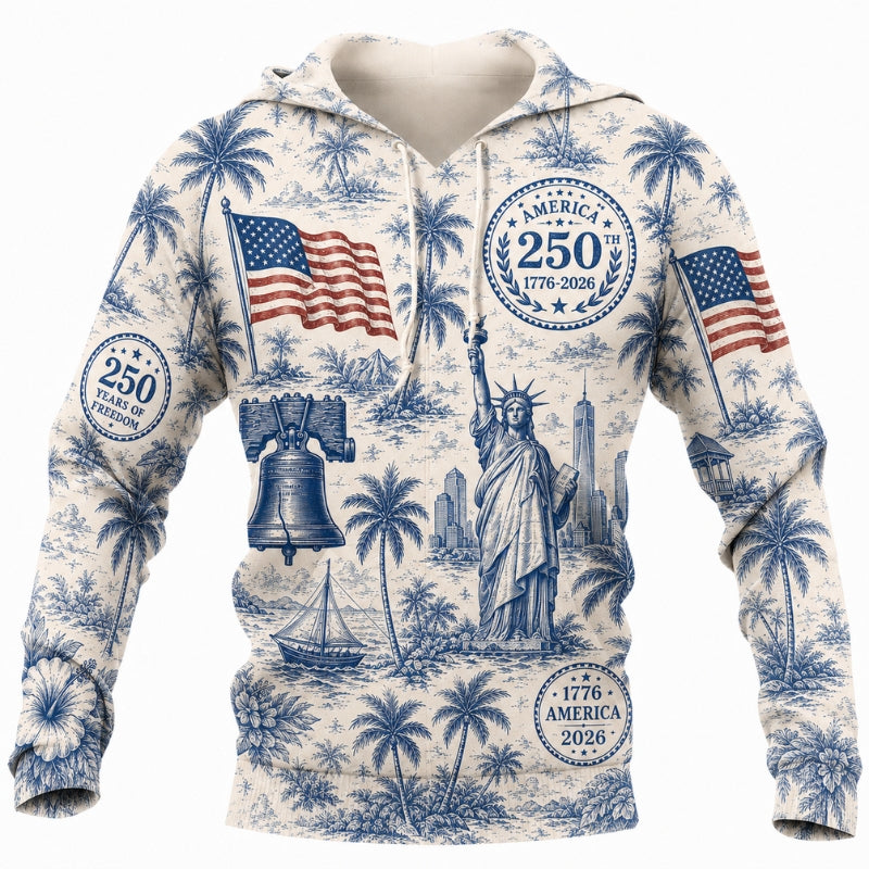 America 250th Anniversary Hoodie- Blue Toile Liberty Flags Tropical Print
