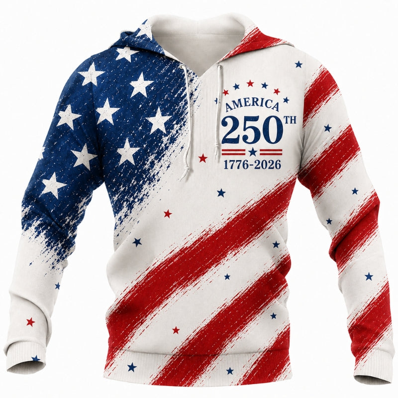 America 250th Anniversary Hoodie- Brushed Stars and Stripes Flag Print
