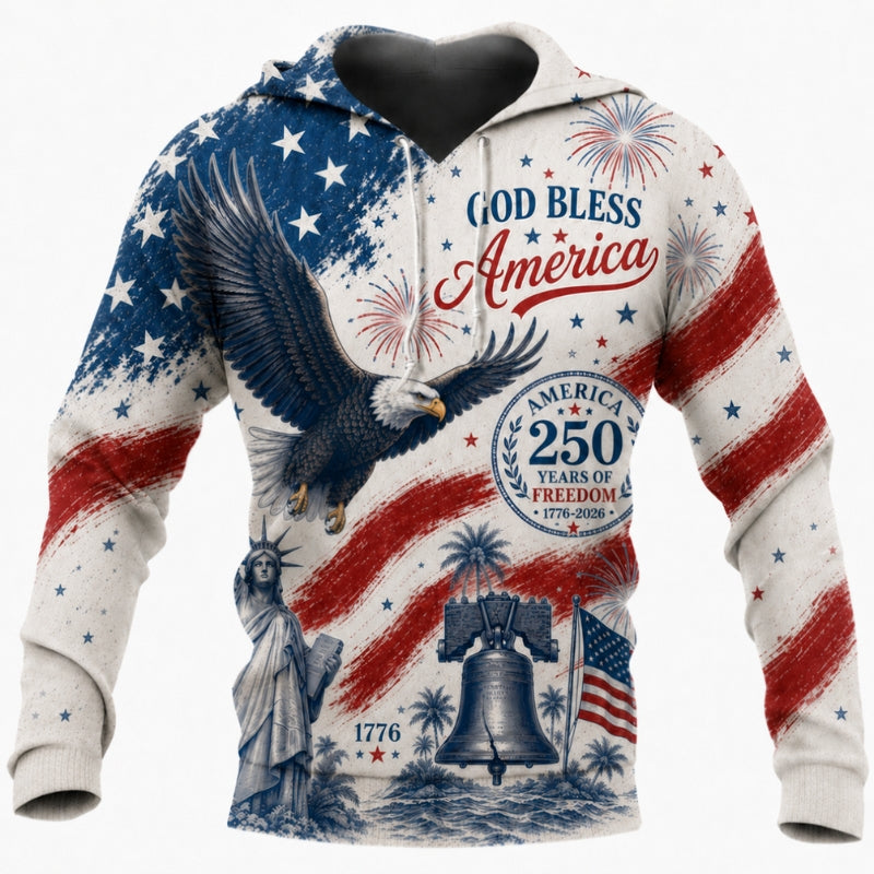 America 250th Anniversary Hoodie- God Bless America Eagle Brushed Flag