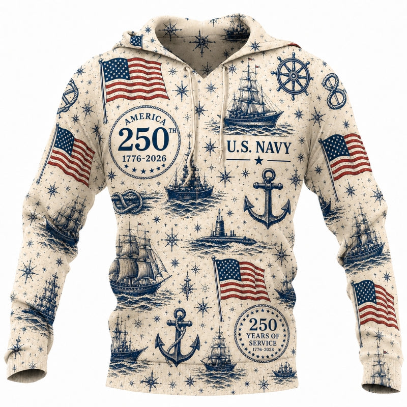 America 250th Anniversary Hoodie- US Navy Ships Anchor Nautical Print