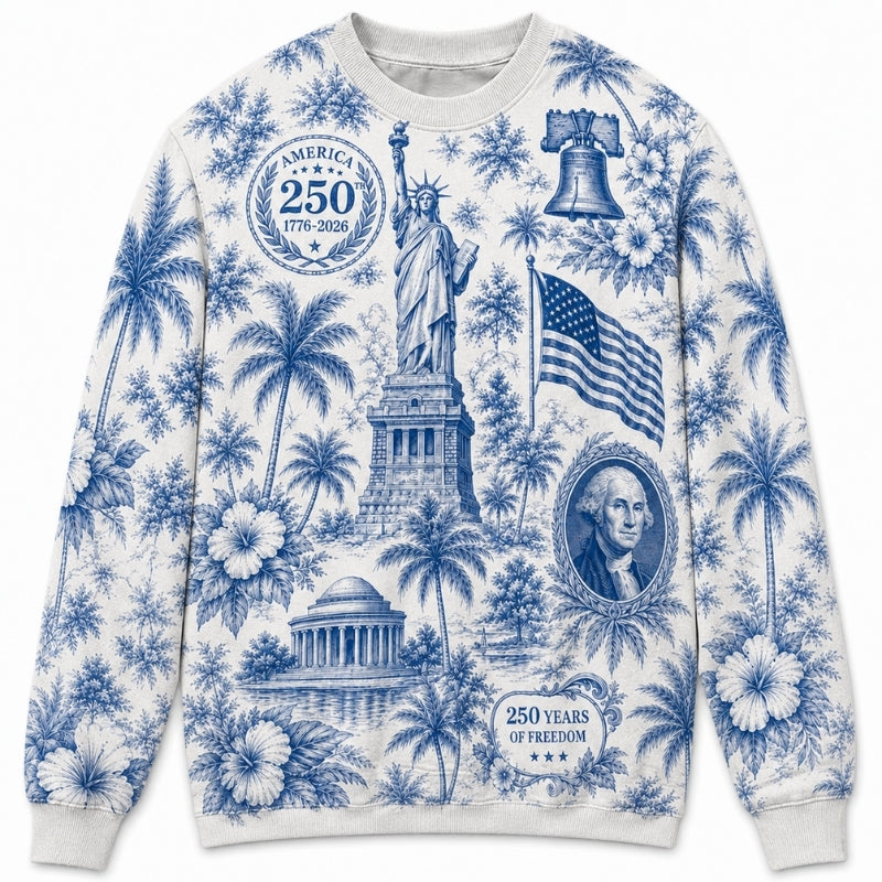 America 250th Anniversary Sweater - Blue Toile Liberty Founder Flag