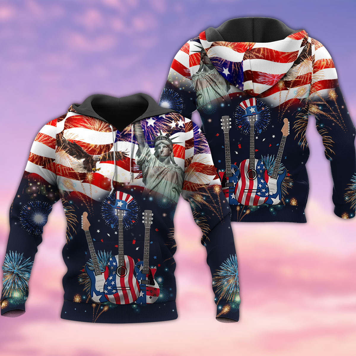 America Guitar Liberty Style - 3D Hoodie2
