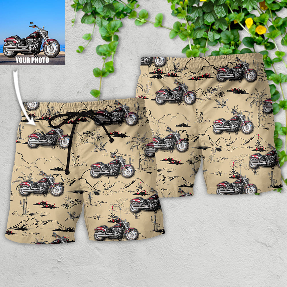 Motorcycle Desert Mountain Cactus Art Custom Photo - Beach Short