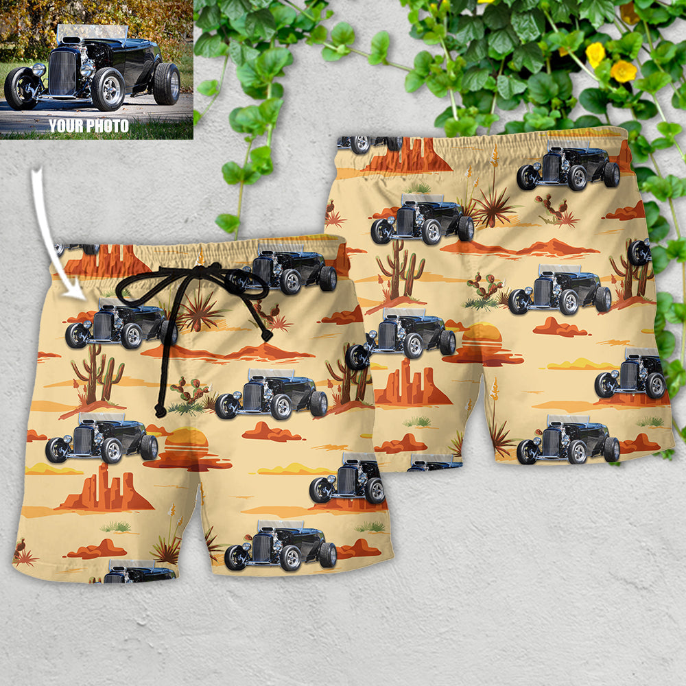 Hot Rod Cowboy Vintage Landscape Custom Photo - Beach Short