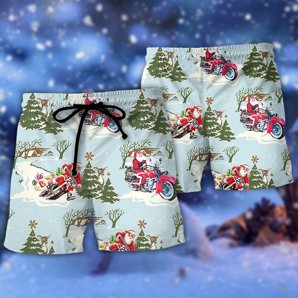 Santa Driving In Snow Forest – Beach Short