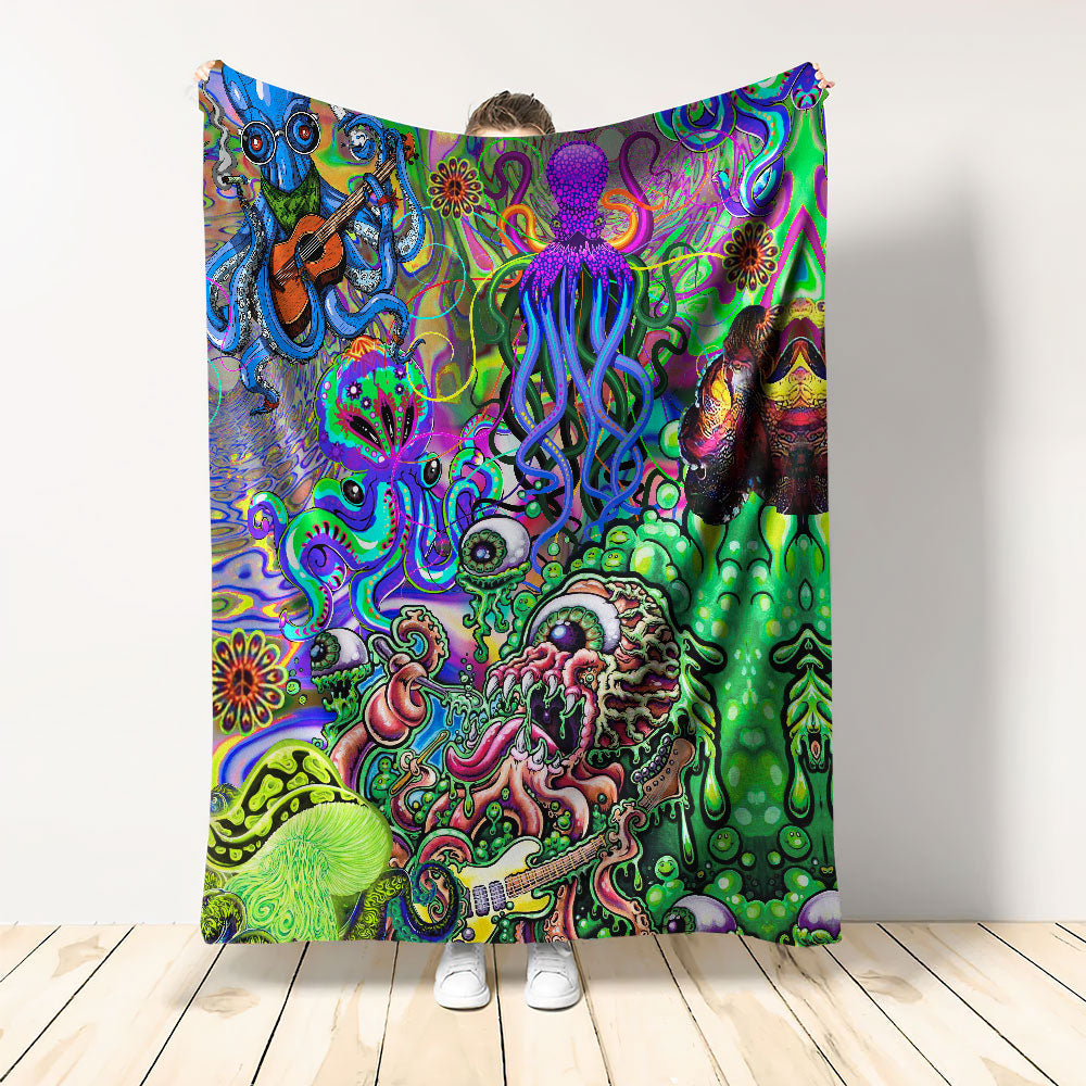 Hippie Funny Octopus Love Music Colorful Ocean Flannel Blanket For Soft Bed Couch And Home Comfort