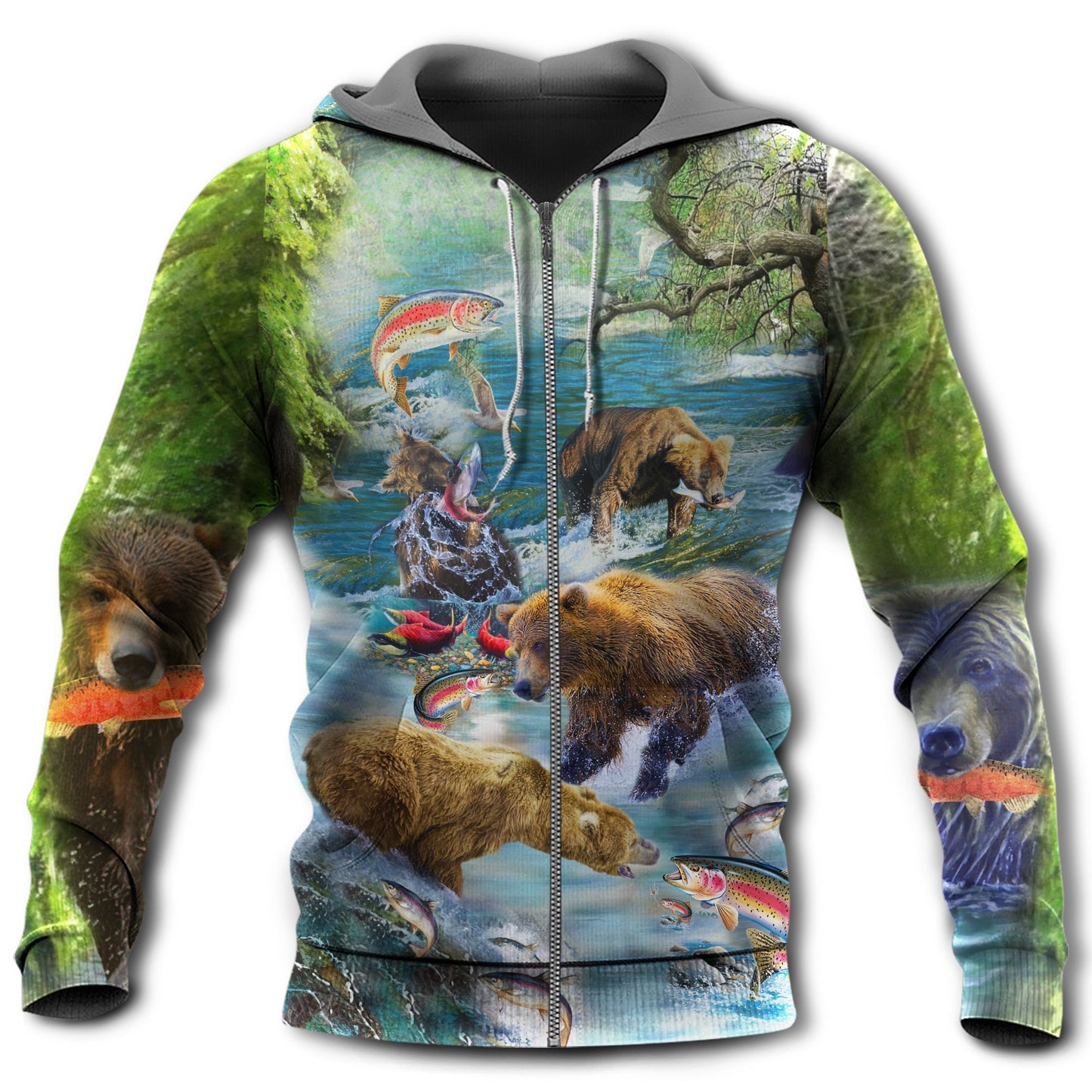 Bear Salmon Hunting Scene Art – 3D Hoodie