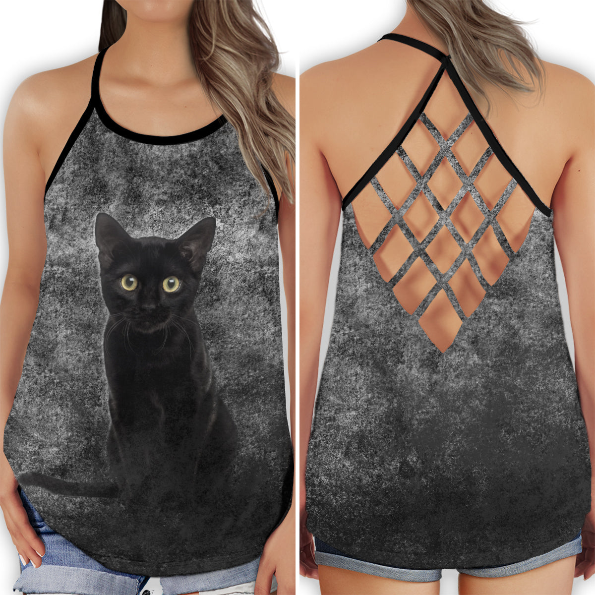 Black Cat Minimal Design – Hollow Tank Top
