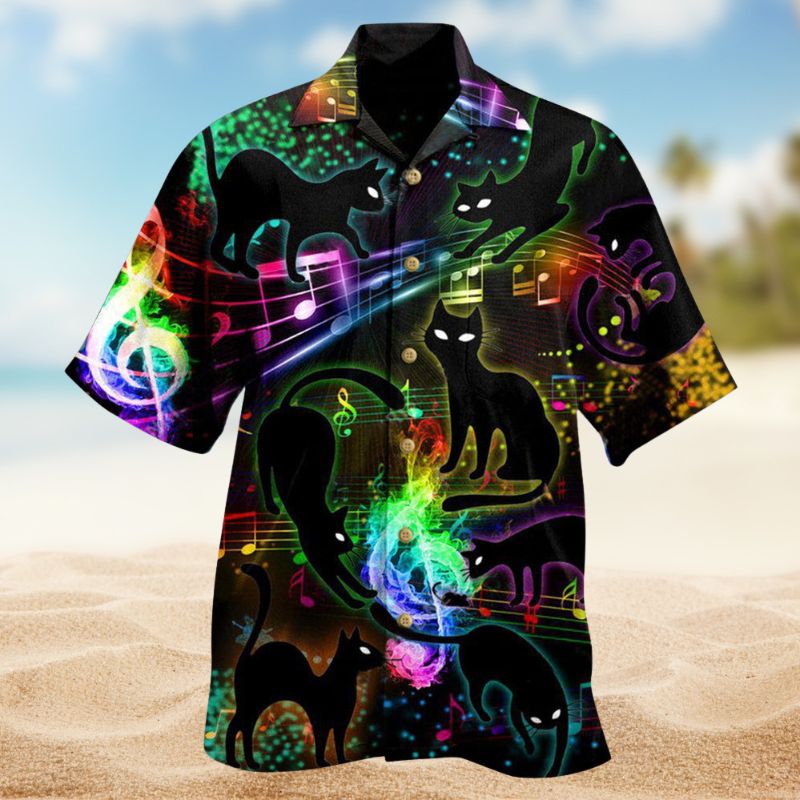 Black Cat Magical Light Music Notes Edition – Hawaiian Shirt