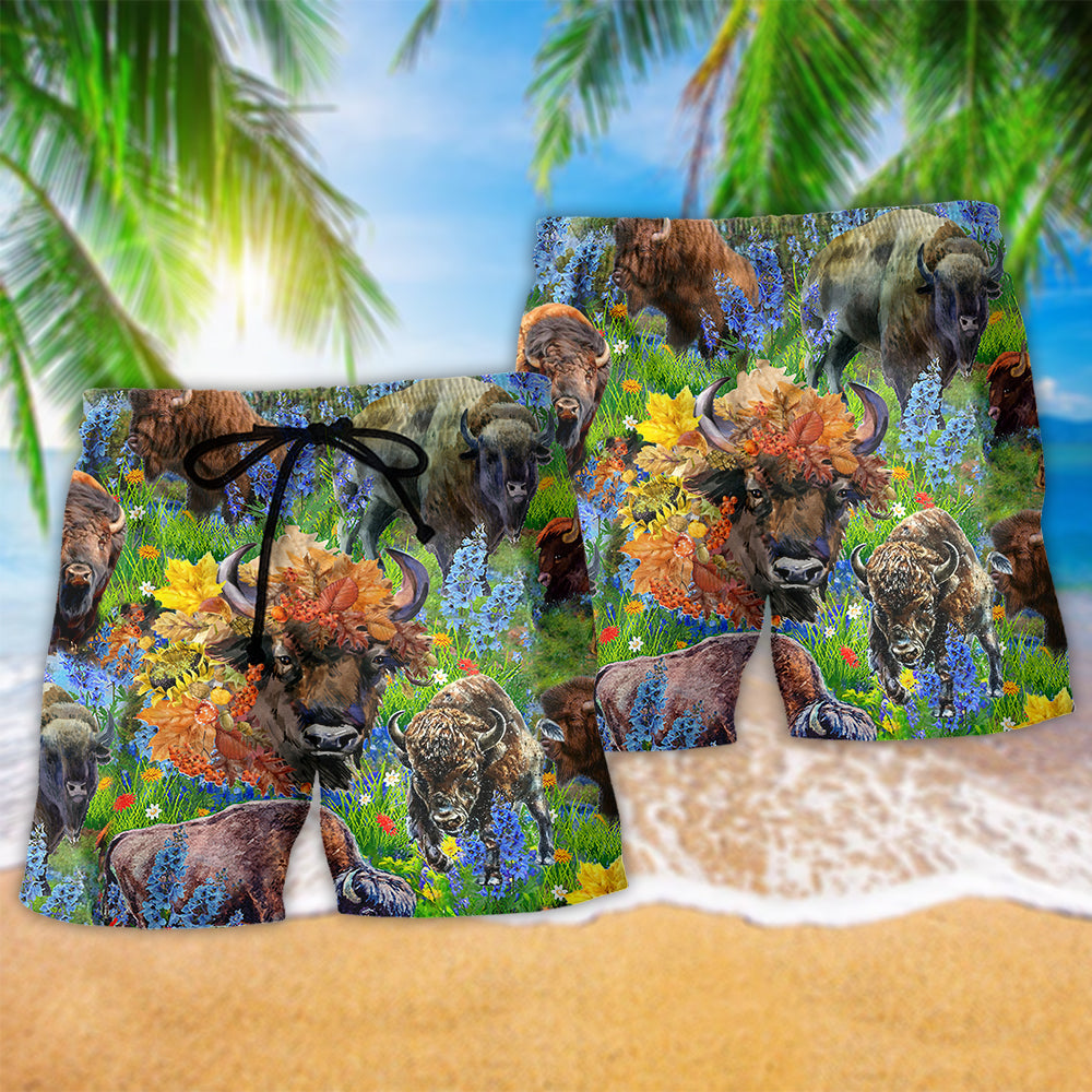 Buffalo Floral Field Animal Art - Beach Short
