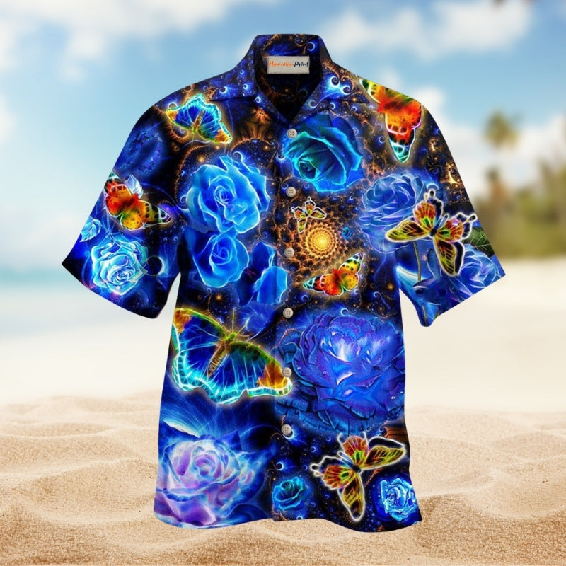 Butterfly Flower Glowing Blue Rose Edition – Hawaiian Shirt