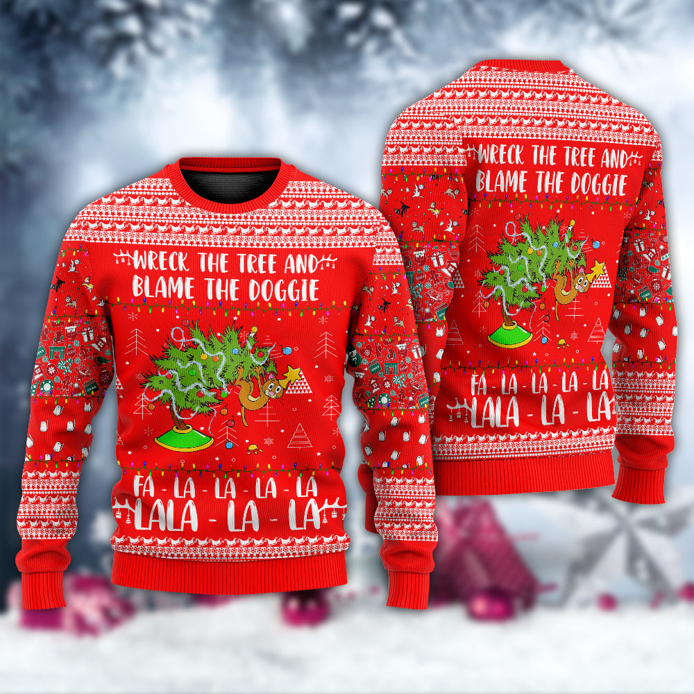 Cat Wrecks Tree Christmas Red Style – Sweater - Ugly Christmas Sweater