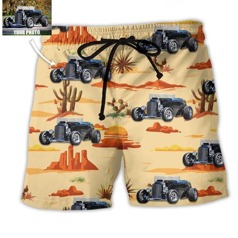 Hot Rod Cowboy Vintage Landscape Custom Photo - Beach Short