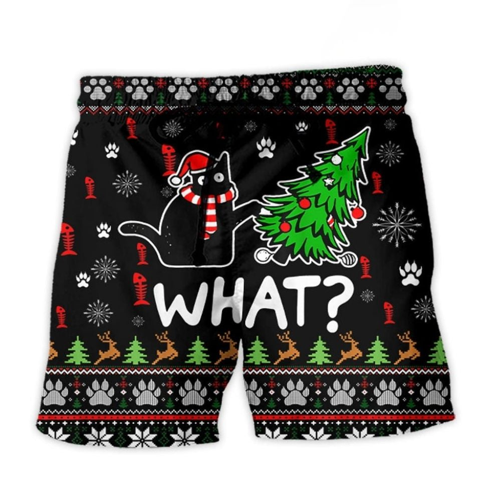 Ugly Funny Cat Christmas Tree Chaos – Beach Short