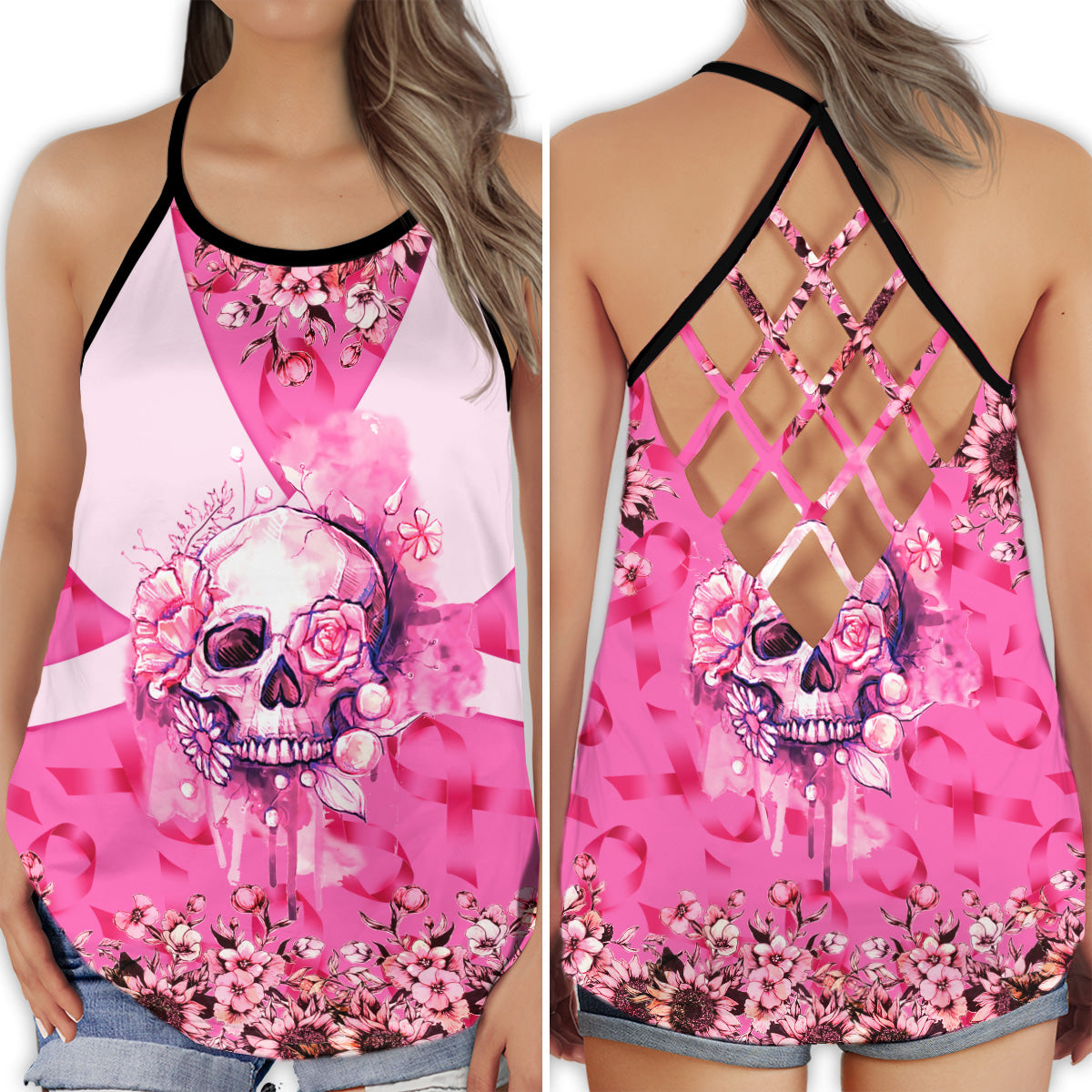 Breast Cancer Floral Skull – Hollow Tank Top