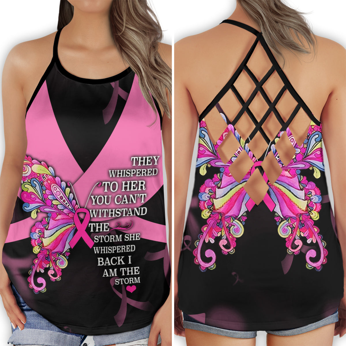 Breast Cancer Strong Brave Awareness Support Message - Hollow Tank Top