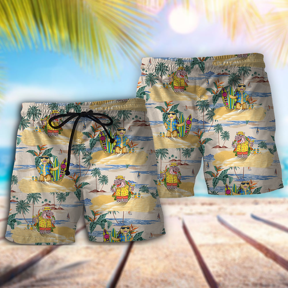 Cute Hippo And Turtle Tropical Cartoon – Beach Short