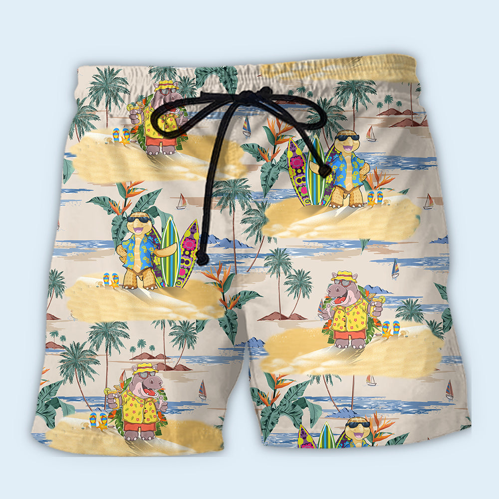 Cute Hippo And Turtle Tropical Cartoon – Beach Short