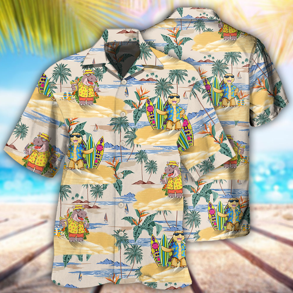Cartoon Hippo And Turtle Tropical Style - Hawaiian shirt