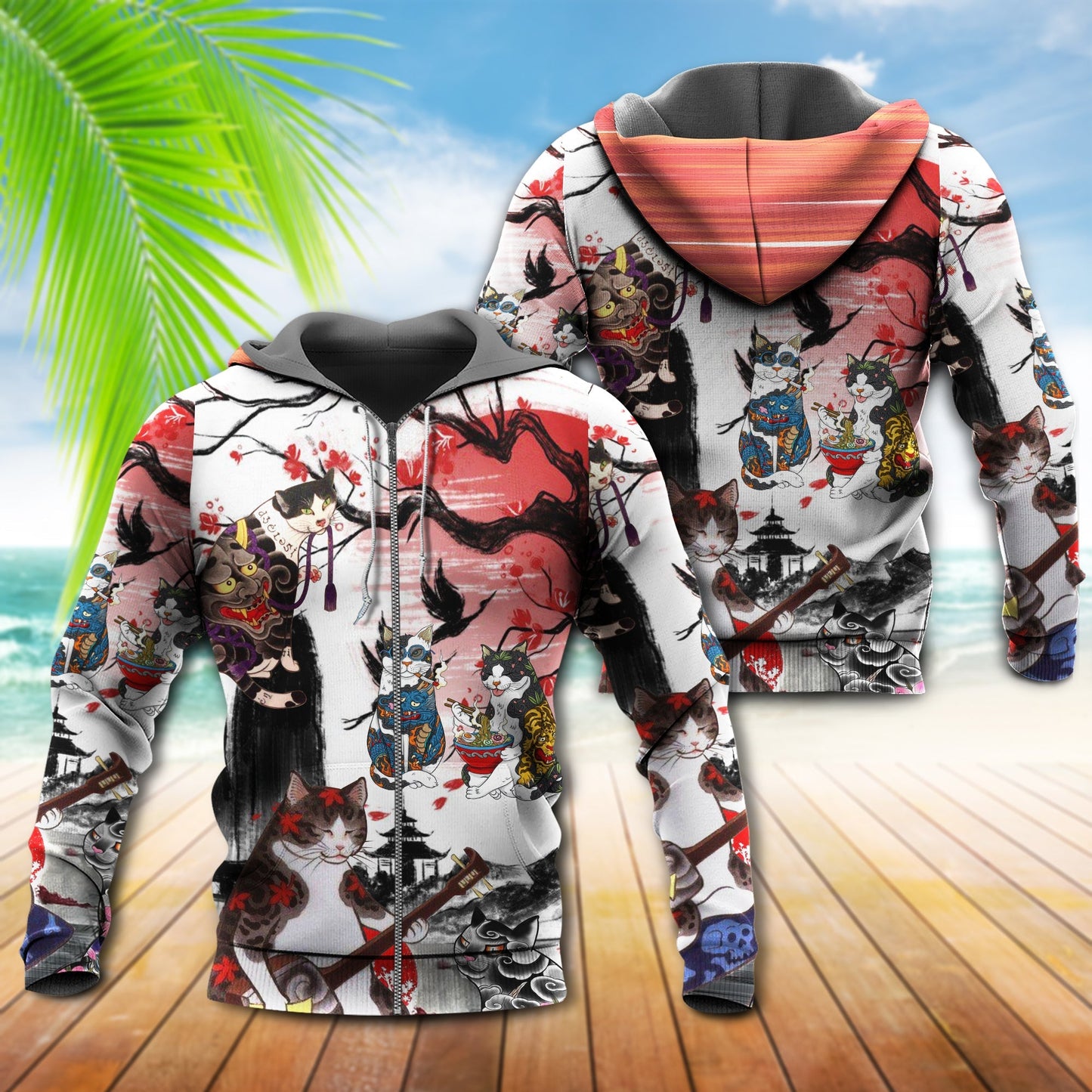 Japanese Style Cat Red Art - 3D Hoodie