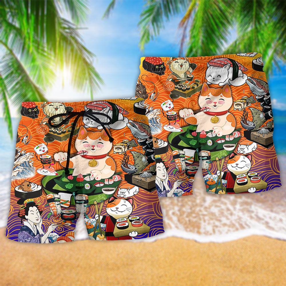Cat Sushi Humor Art - Beach Short