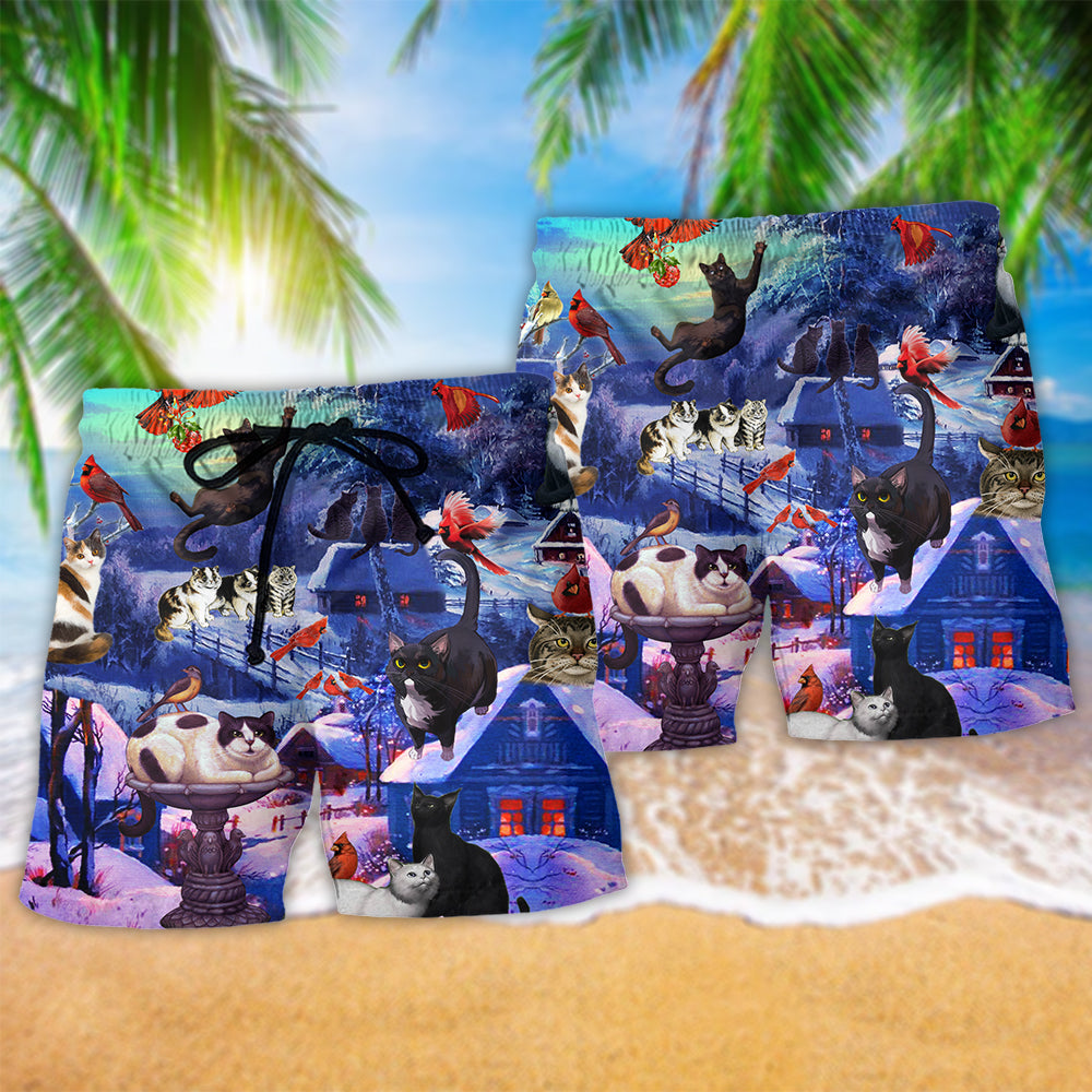 Cat Watching Cardinals Winter – Beach Short