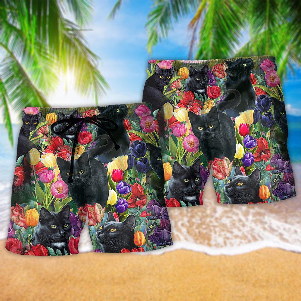 Black Cat Floral Love Colorful - Beach Short
