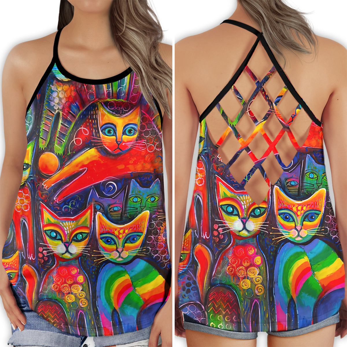 Cat Rainbow Colorful Love Collection – Hollow Tank Top