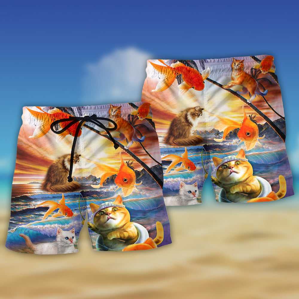 Cat Catching Fish Playful Art – Beach Short