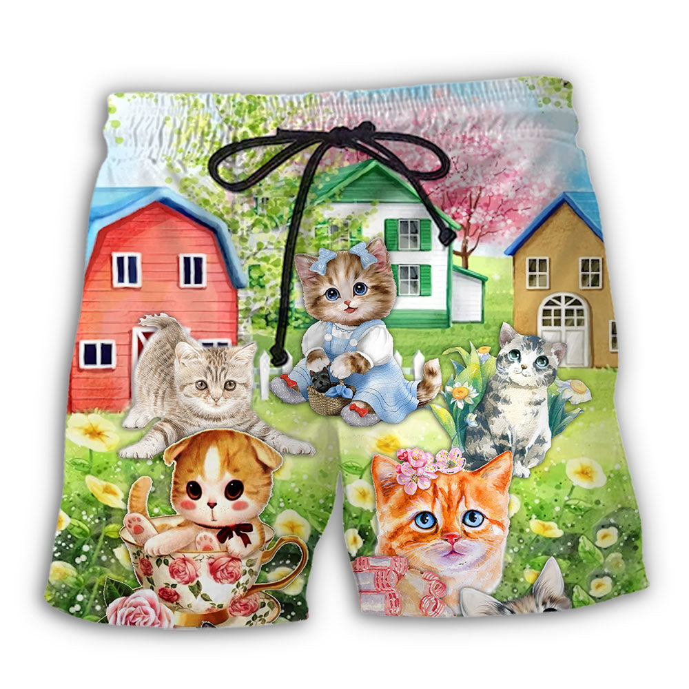 Cat And Flowers Cozy Home – Beach Short