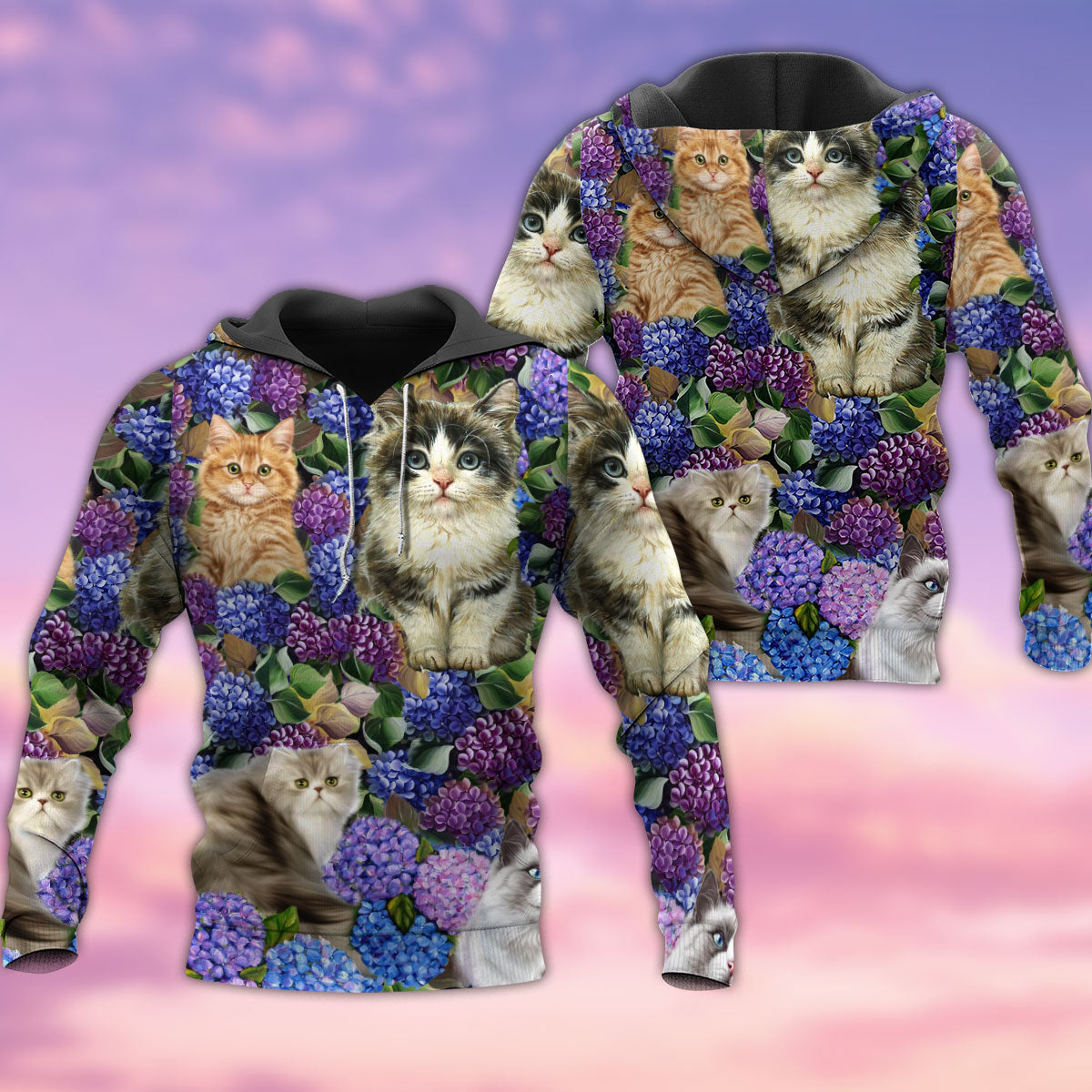 Cat Lovely And Purple Flowers - Hoodie - Owls Matrix LTD
