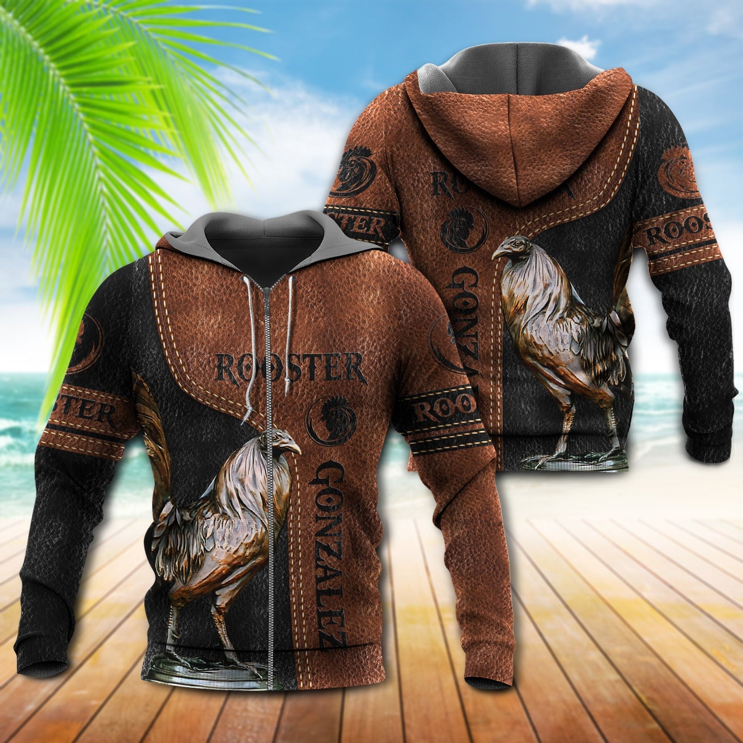 Rooster Leather Style Personalized - 3D Hoodie