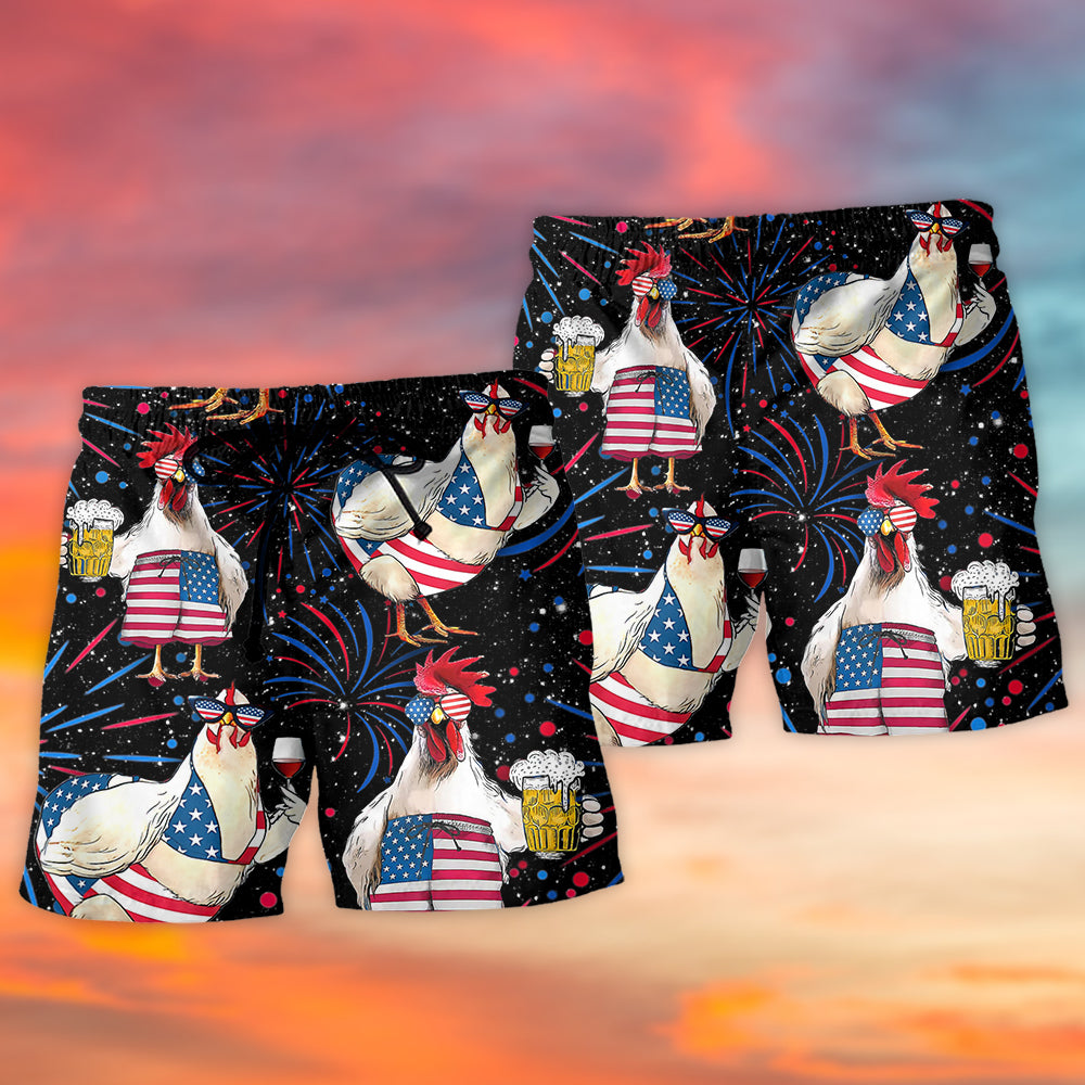 Patriotic Chicken Beer Humor - Beach Short
