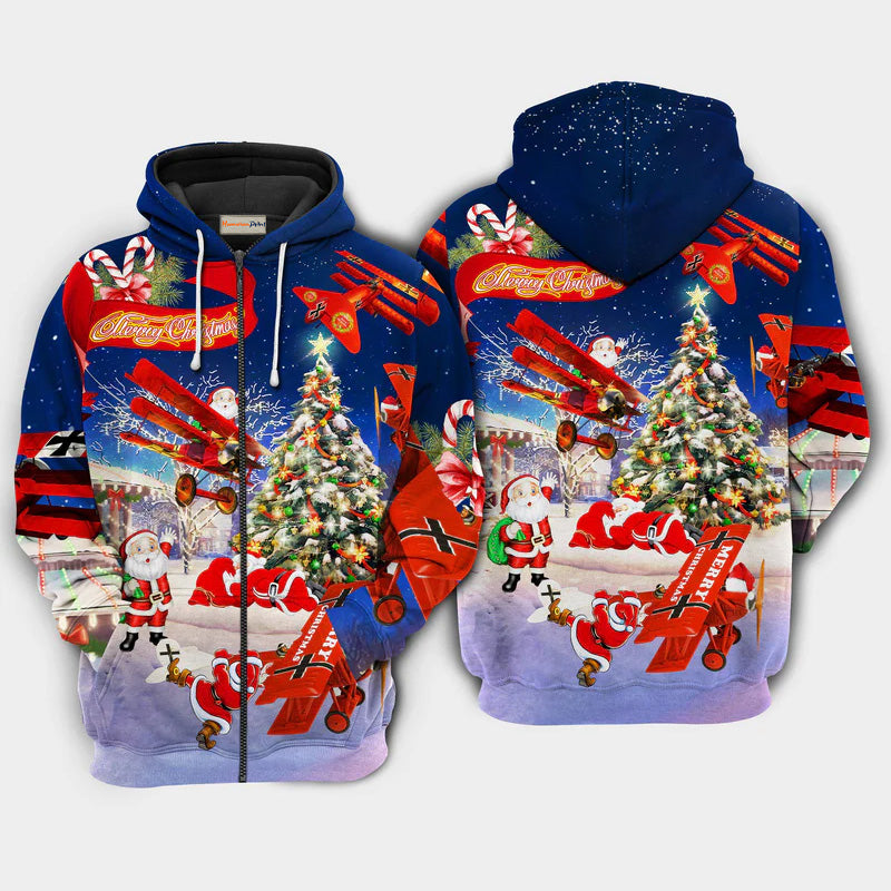 Christmas Santa Loves Airplanes Holiday Art – 3D Hoodie