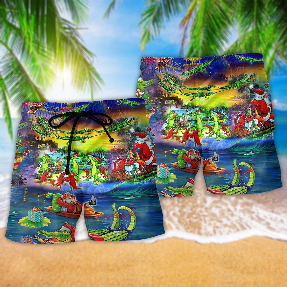 Christmas Santa Riding Alligator - Beach Short - Owls Matrix LTD