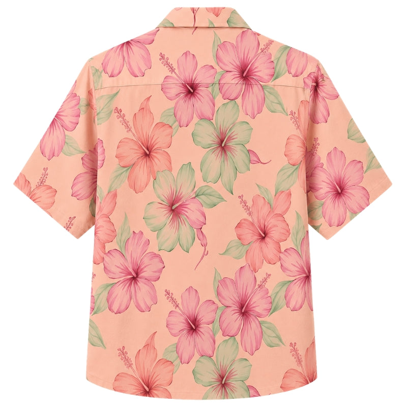 Classic Floral Hawaiian Shirt- Pink Hibiscus Watercolor Bloom Print