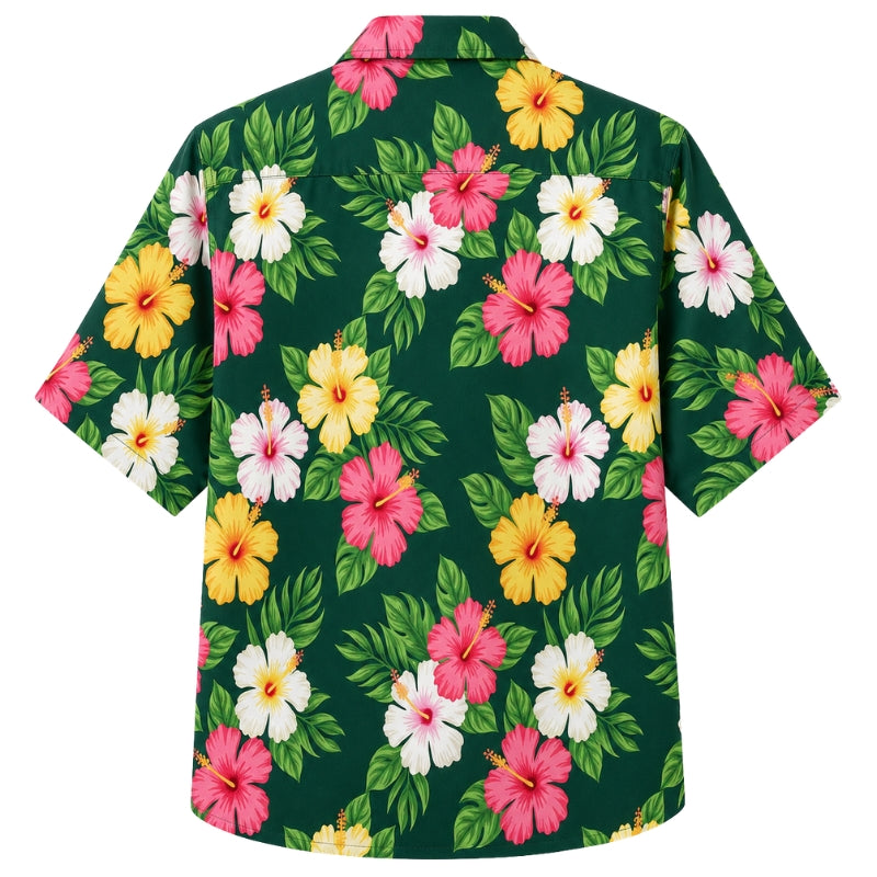 Classic Floral Hawaiian Shirt- Sunburst Hibiscus Palm Ray Print