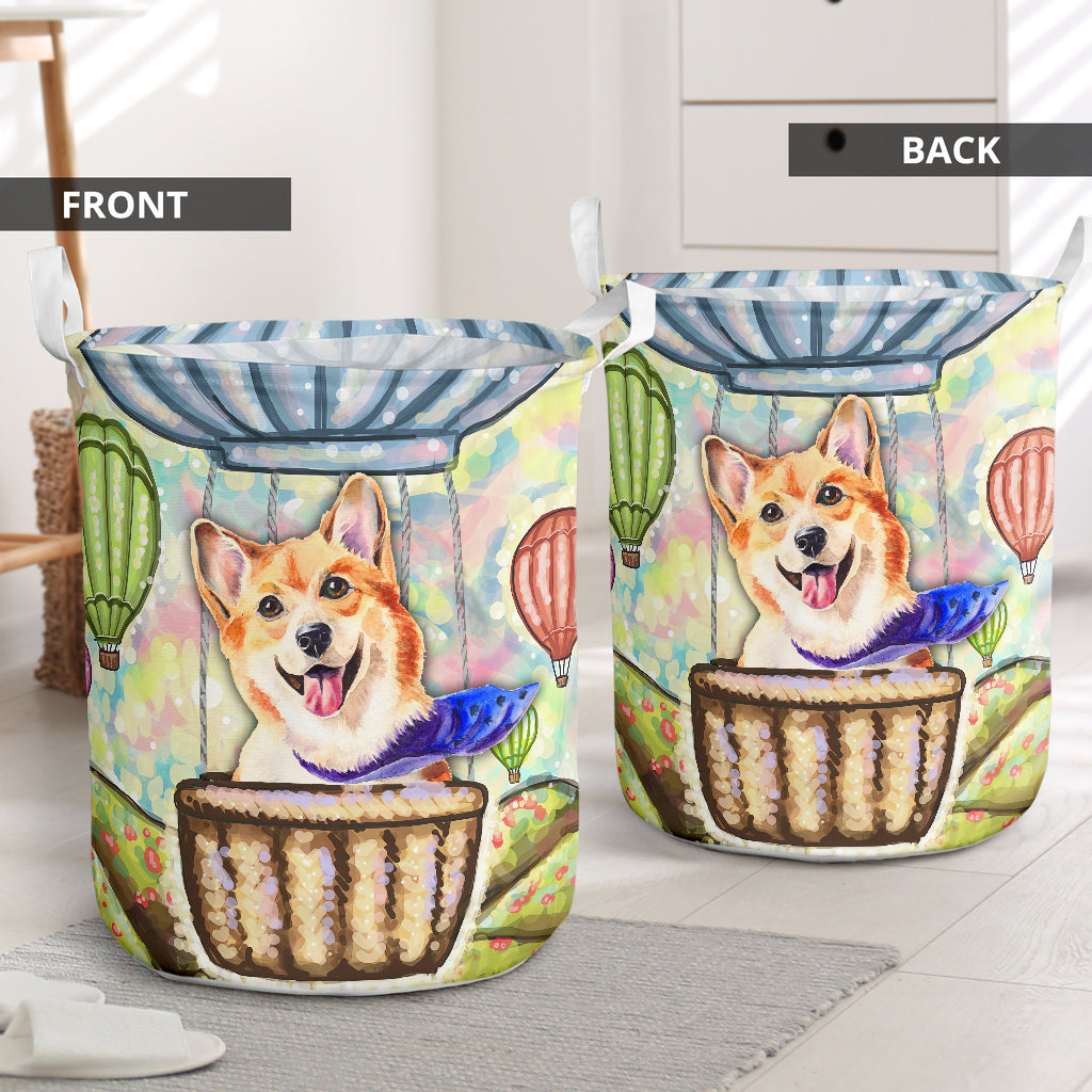 Corgi And Air Balloon - Laundry Basket - Owls Matrix LTD