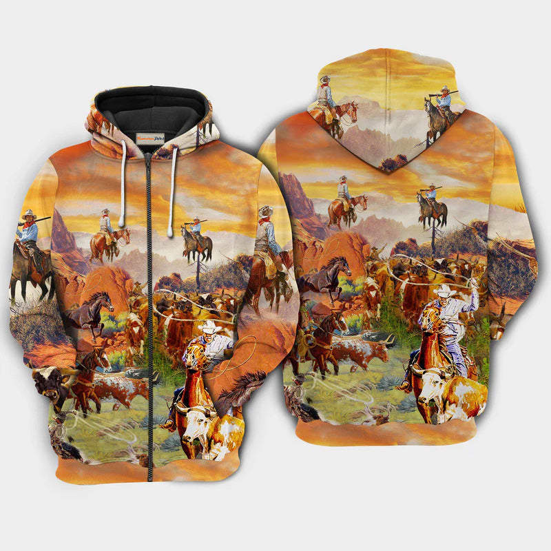 Cowboy Grassland Life Style Art – 3D Hoodie