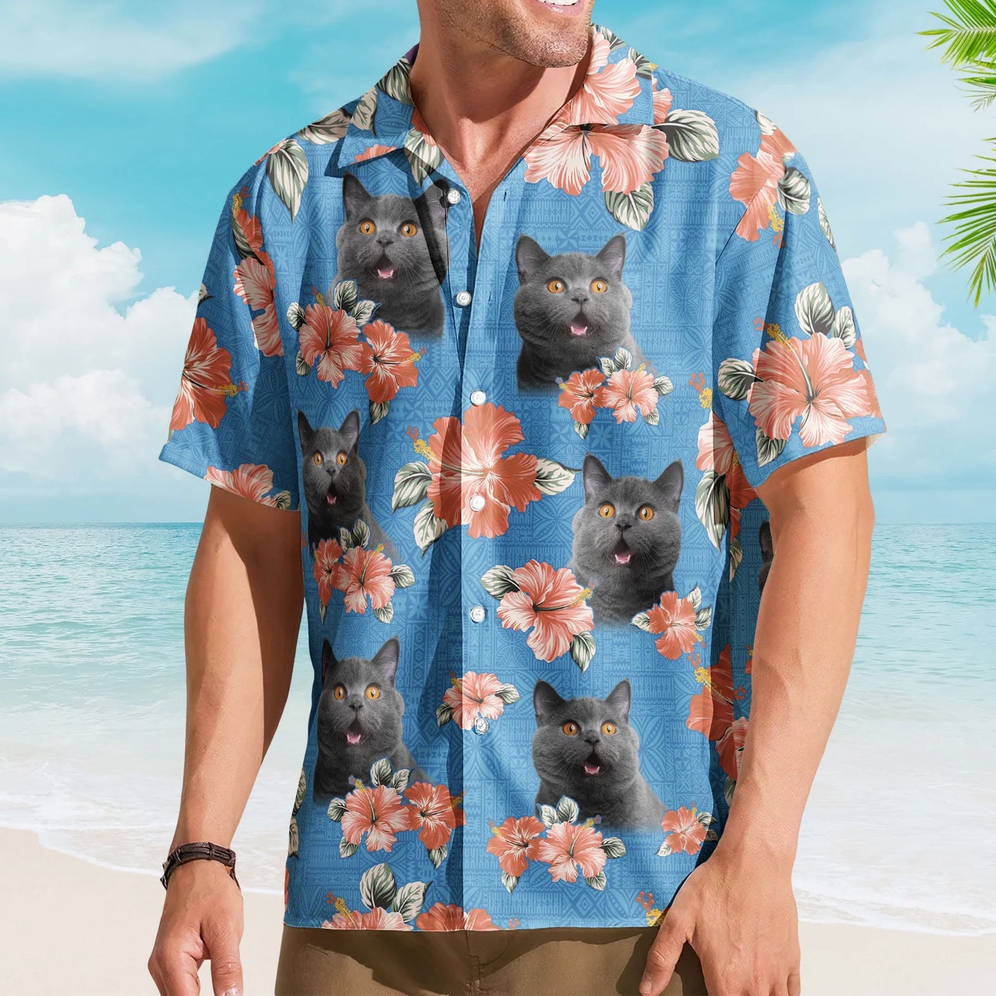 Custom Cat Face Funny Photo Tropical Hibiscus Aloha – Personalized Hawaiian Shirt for Men & Women