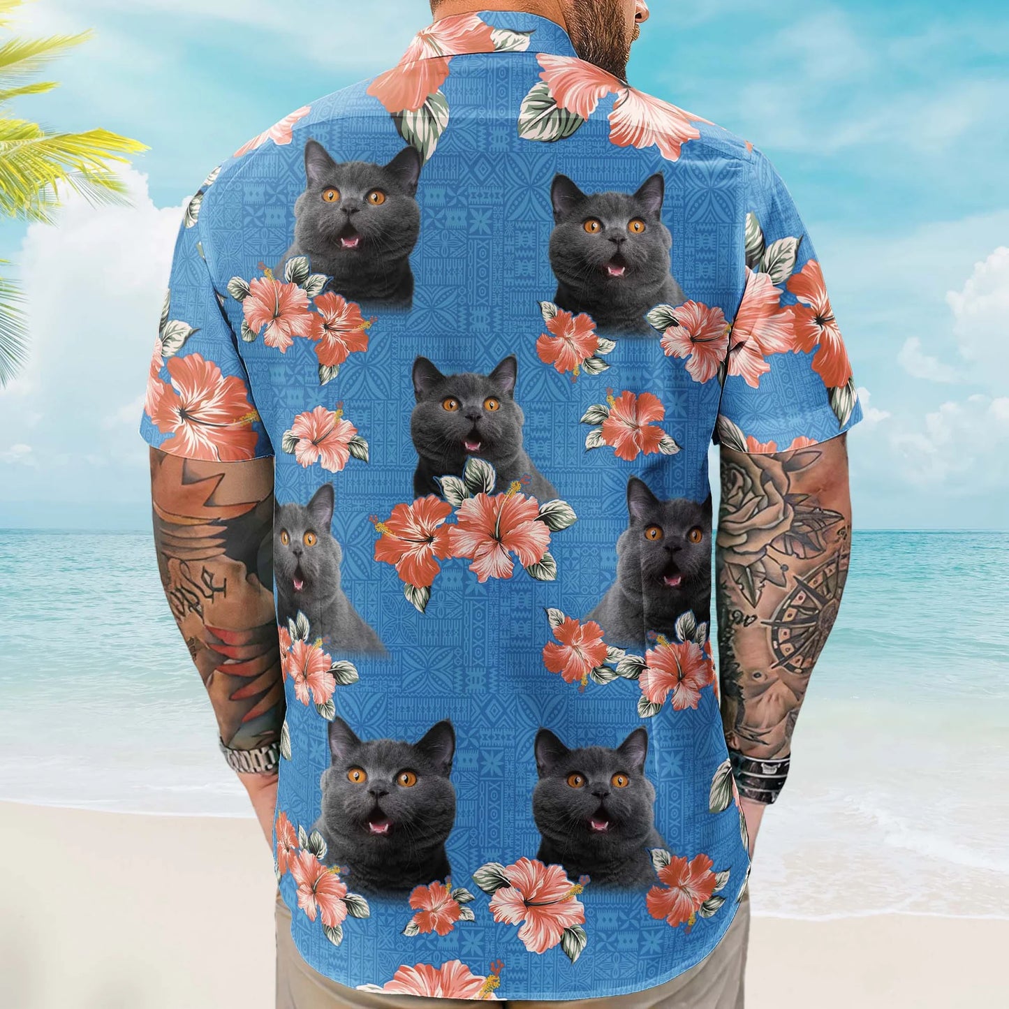 Custom Cat Face Funny Photo Tropical Hibiscus Aloha – Personalized Hawaiian Shirt for Men & Women