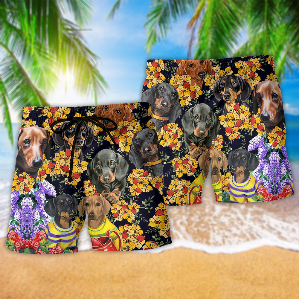 Dachshund With Flowers Cute Art – Beach Short