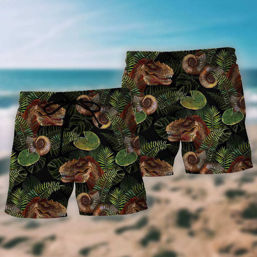 Dinosaur With Tropical Green Leaves – Beach Short