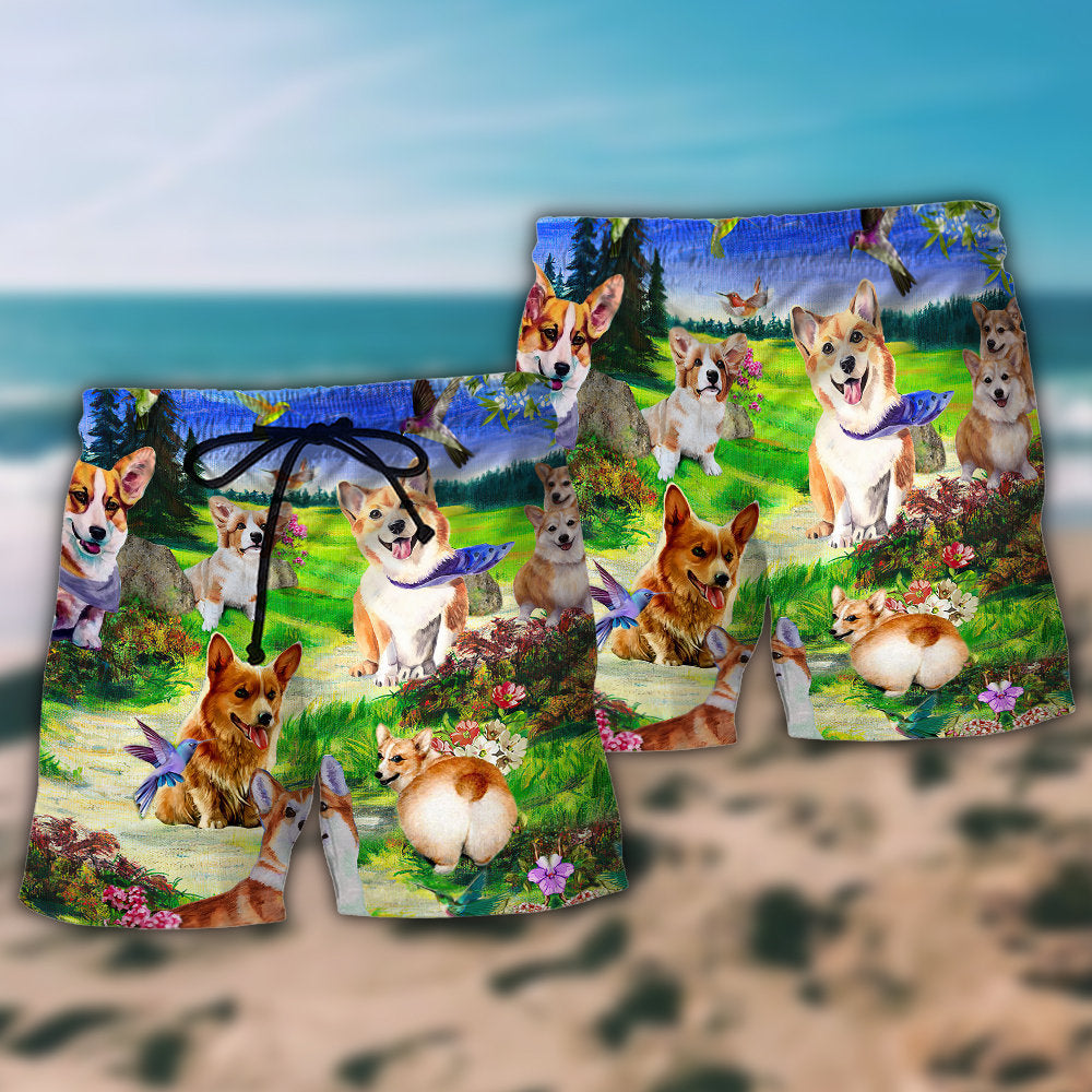 Corgi Floral Sky Love – Beach Short