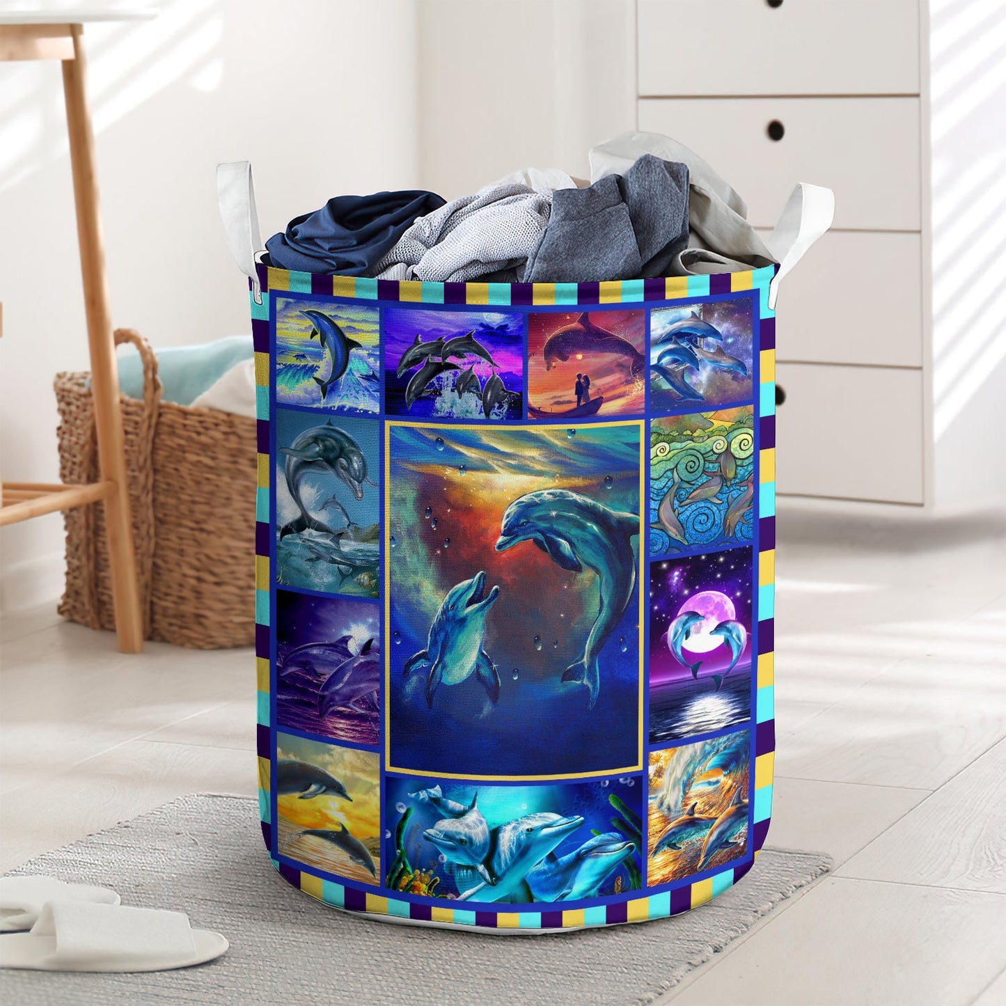 Dolphin love sunset on the sea - Laundry basket - LAUB06LIN010322-Owls Matrix